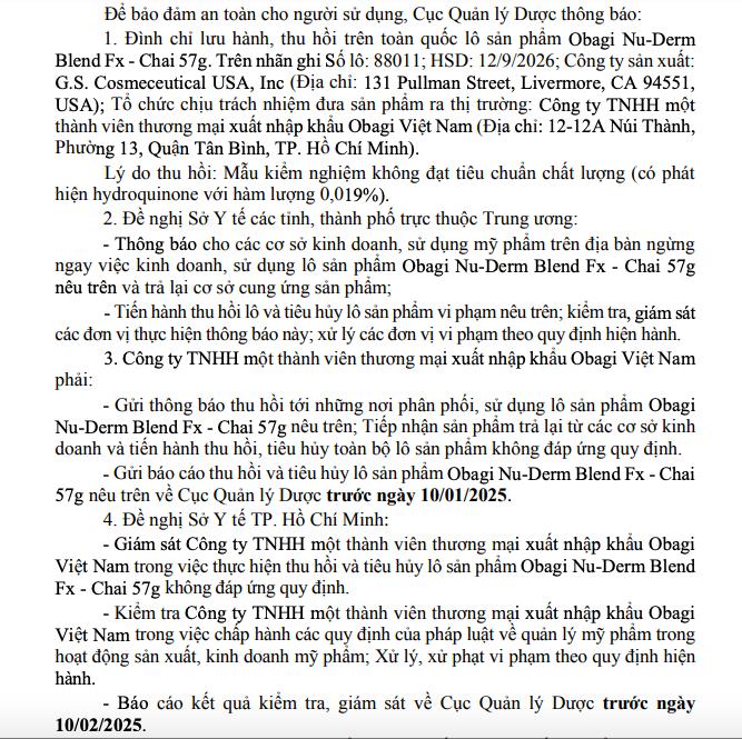 Bộ Y tế ra văn bản đ&amp;#236;nh chủ lưu h&amp;#224;nh, thu hồi ti&amp;#234;u huỷ tr&amp;#234;n to&amp;#224;n quốc hai l&amp;#244; sản phẩm của h&amp;#227;ng mỹ phẩm Obagi - Ảnh 2