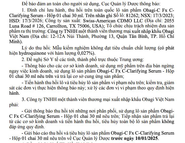 Bộ Y tế ra văn bản đ&amp;#236;nh chủ lưu h&amp;#224;nh, thu hồi ti&amp;#234;u huỷ tr&amp;#234;n to&amp;#224;n quốc hai l&amp;#244; sản phẩm của h&amp;#227;ng mỹ phẩm Obagi - Ảnh 3