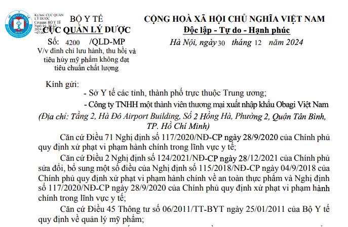 Bộ Y tế ra văn bản đ&amp;#236;nh chủ lưu h&amp;#224;nh, thu hồi ti&amp;#234;u huỷ tr&amp;#234;n to&amp;#224;n quốc hai l&amp;#244; sản phẩm của h&amp;#227;ng mỹ phẩm Obagi - Ảnh 1