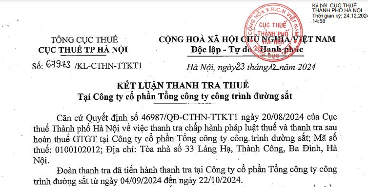 Vi phạm thuế, Tổng c&amp;#244;ng ty C&amp;#244;ng tr&amp;#236;nh đường sắt bị phạt v&amp;#224; truy thu thuế hơn 3,8 tỷ đồng - Ảnh 1