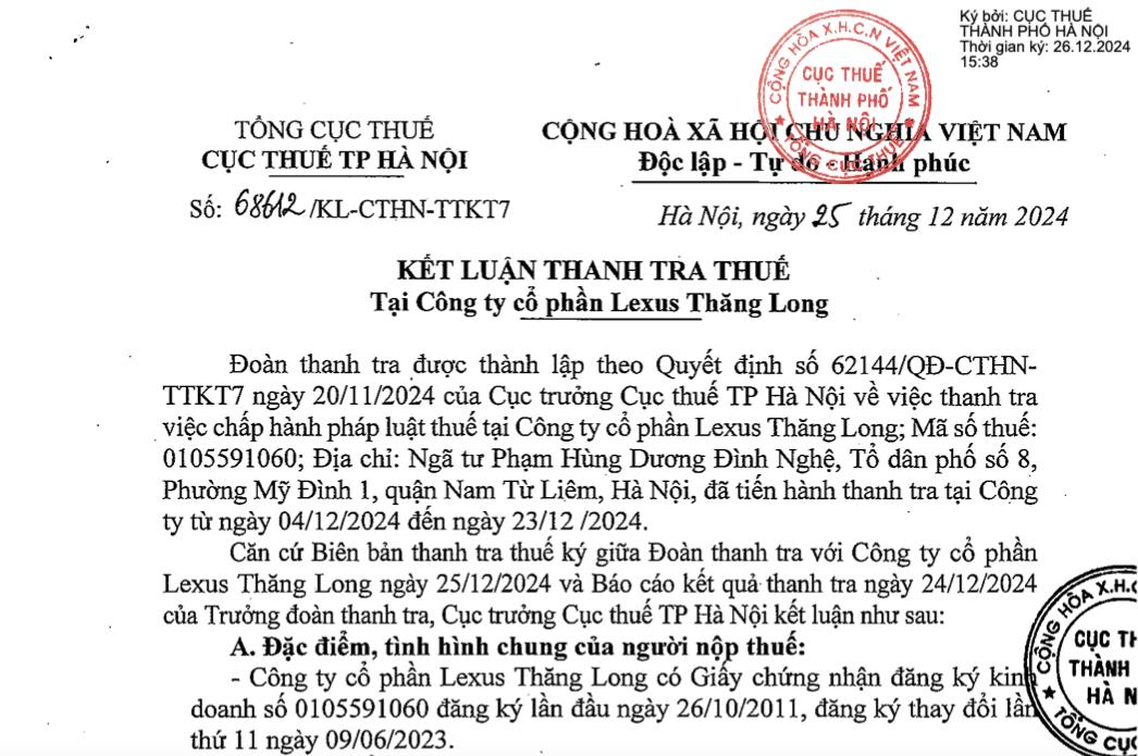 C&amp;#244;ng ty Lexus Thăng Long bị phạt v&amp;#224; truy thu thuế hơn 890 triệu đồng do vi phạm thuế - Ảnh 1