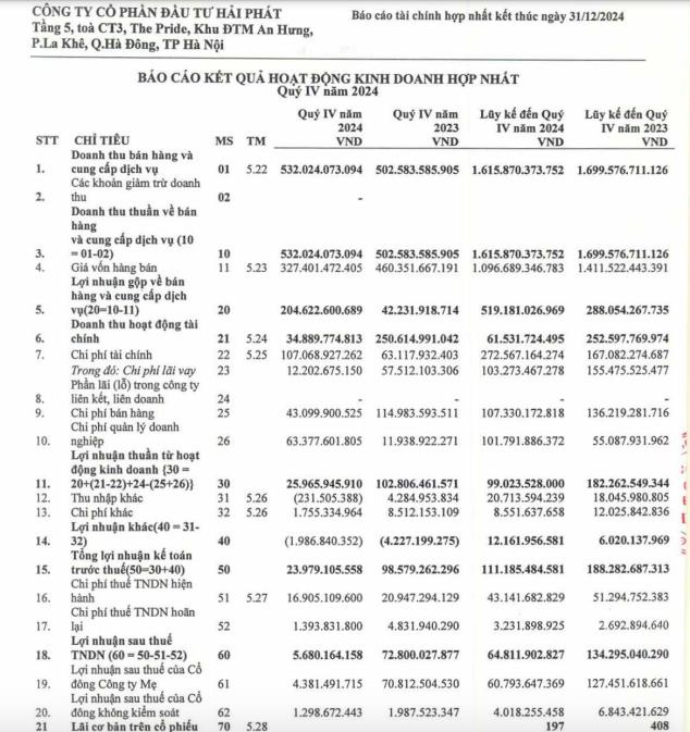 L&amp;#227;i sau thuế qu&amp;#253; IV/2024 của Đầu tư Hải Ph&amp;#225;t (HPX) &amp;#39;bốc hơi&amp;#39; tới 92% - Ảnh 1