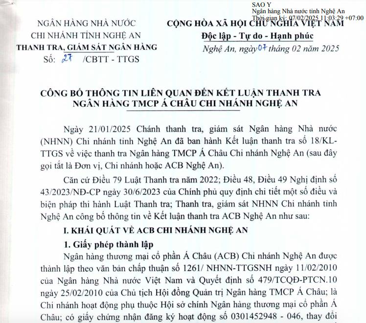 Thanh tra Ng&amp;#226;n h&amp;#224;ng Nh&amp;#224; nước ph&amp;#225;t hiện hạn chế, thiếu s&amp;#243;t trong hoạt động cho vay tại ng&amp;#226;n h&amp;#224;ng ACB chi nh&amp;#225;nh Nghệ An - Ảnh 1