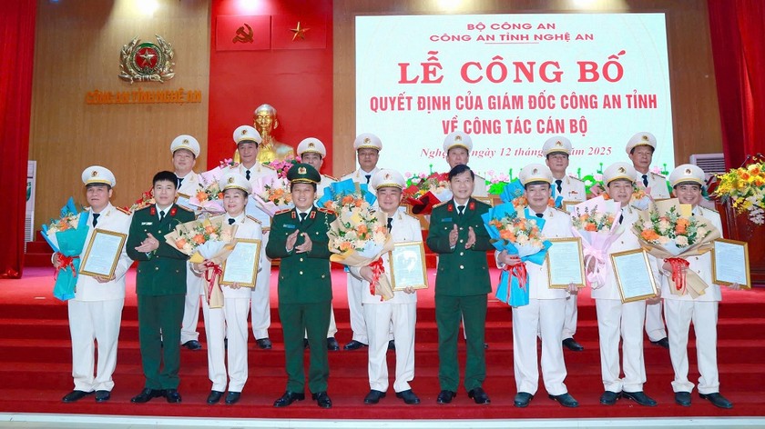 L&atilde;nh đạo C&ocirc;ng an Nghệ An trao Quyết định v&agrave; tặng hoa 13 c&aacute;n bộ nghỉ hưu v&agrave; 4 c&aacute;n bộ xung phong nhận nhiệm vụ mới.