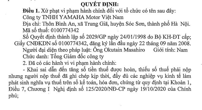 Vi phạm thuế, C&amp;#244;ng ty Yamaha Motor Việt Nam bị Cục thuế H&amp;#224; Nội xử phạt - Ảnh 1