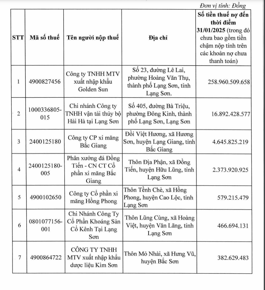 Hàng loạt các doanh nghiệp tại Lạng Sơn nợ thuế với tổng số tiền gần 303 tỷ đồng