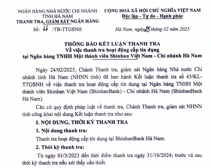 Thanh tra Ng&amp;#226;n h&amp;#224;ng Nh&amp;#224; nước chỉ ra vấn đề tồn tại trong hoạt động cấp t&amp;#237;n dụng của ShinhanBank H&amp;#224; Nam  - Ảnh 1