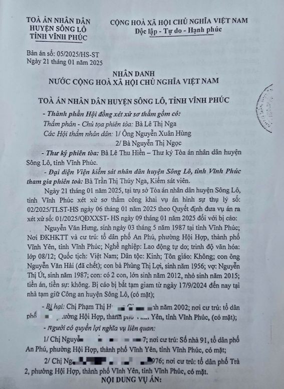 Bản &aacute;n 05/2025/HS-ST của TAND huyện S&ocirc;ng L&ocirc;. (Ảnh: Gia Hải)