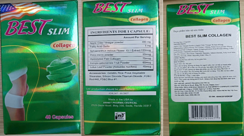 Sản phẩm Thực phẩm bảo vệ sức khỏe Best Slim Collagen chứa chất cấm. (Ảnh: vfa.gov.vn)