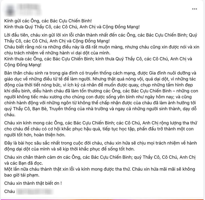B&agrave;i đăng được cho l&agrave; của nam sinh xin lỗi v&igrave; h&agrave;nh vi của m&igrave;nh.