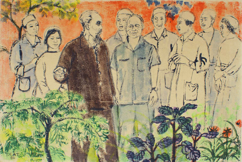 B&aacute;c Hồ với thầy thuốc | Nguyễn Trọng C&aacute;t | Khắc gỗ | 1980