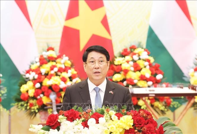 Chủ tịch nước Lương Cường ph&aacute;t biểu tại tiệc chi&ecirc;u đ&atilde;i. Ảnh: L&acirc;m Kh&aacute;nh/TTXVN