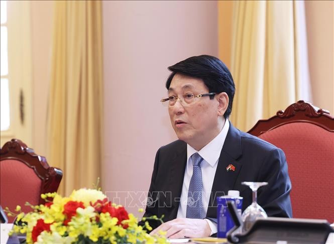 Chủ tịch nước Lương Cường ph&aacute;t biểu tại hội đ&agrave;m. Ảnh: L&acirc;m Kh&aacute;nh/TTXVN