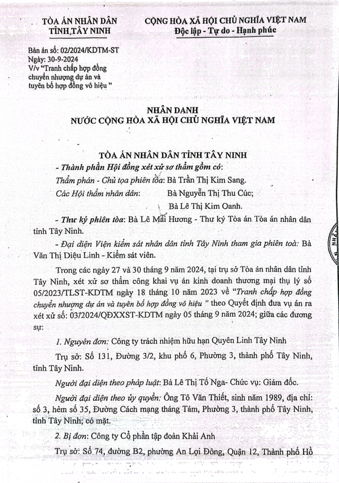 Bản &aacute;n 02/2024/KDTM-ST ng&agrave;y 30/9/2024 của TAND tỉnh T&acirc;y Ninh (cũ) đ&atilde; bị kh&aacute;ng nghị ph&uacute;c thẩm.