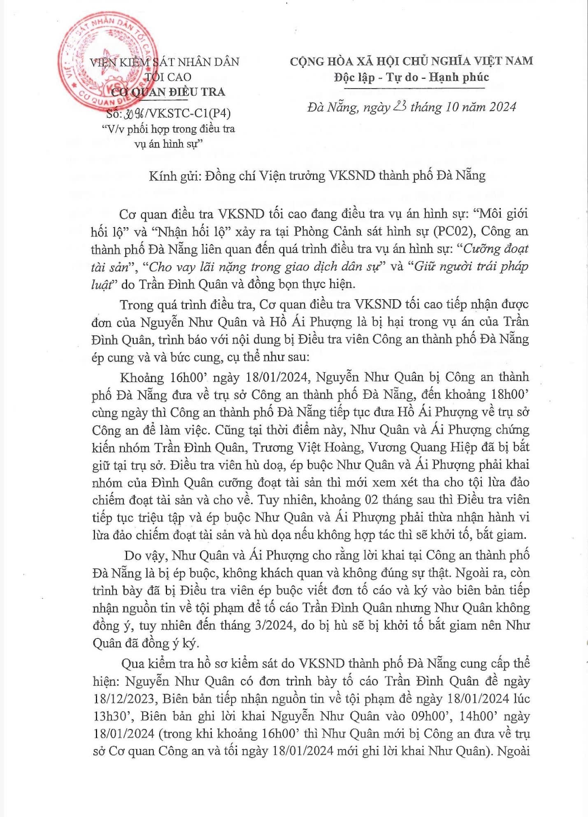 Cơ quan điều tra VKSND tối cao xác minh dấu hiệu hành vi xâm phạm hoạt động tư pháp trong vụ án Trần Đình Quân và đồng phạm