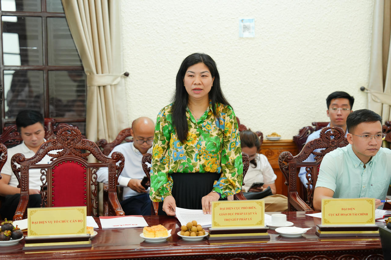 B&agrave; T&ocirc; Thị Thi H&agrave;, Ph&oacute; Cục trưởng Cục PBGDPL&amp;amp;TGPL ph&aacute;t biểu tại Hội nghị.