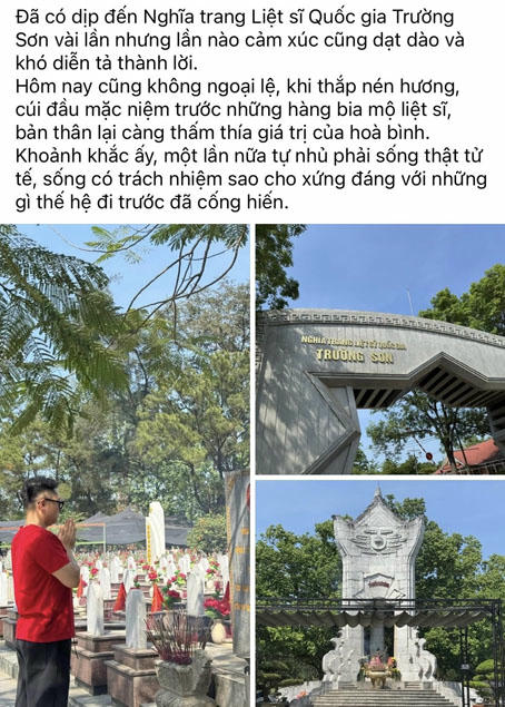 B&agrave;i đăng chia sẻ về chuyến thăm Nghĩa trang liệt sĩ Quốc gia Trường Sơn tr&ecirc;n trang Facebook c&aacute; nh&acirc;n của H.Chung. (Ảnh chụp m&agrave;n h&igrave;nh)
