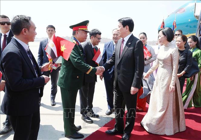 Đại biểu đ&oacute;n Chủ tịch nước Lương Cường v&agrave; Phu nh&acirc;n tại s&acirc;n bay quốc tế Cairo, Ai Cập. Ảnh: L&acirc;m Kh&aacute;nh/TTXVN
