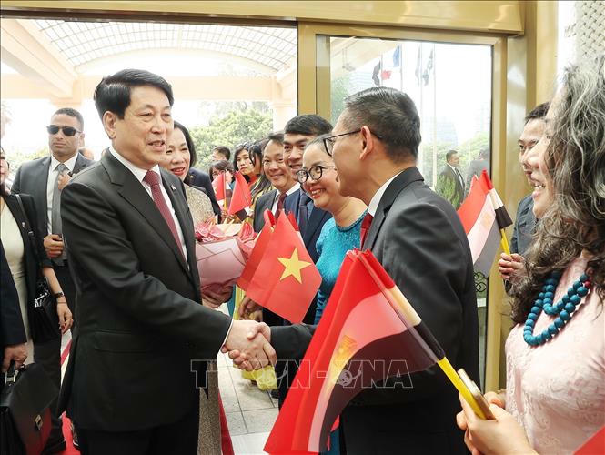 Kiều b&agrave;o đ&oacute;n Chủ tịch nước Lương Cường v&agrave; Phu nh&acirc;n tại Thủ đ&ocirc; Cairo, Ai Cập. Ảnh: L&acirc;m Kh&aacute;nh/TTXVN
