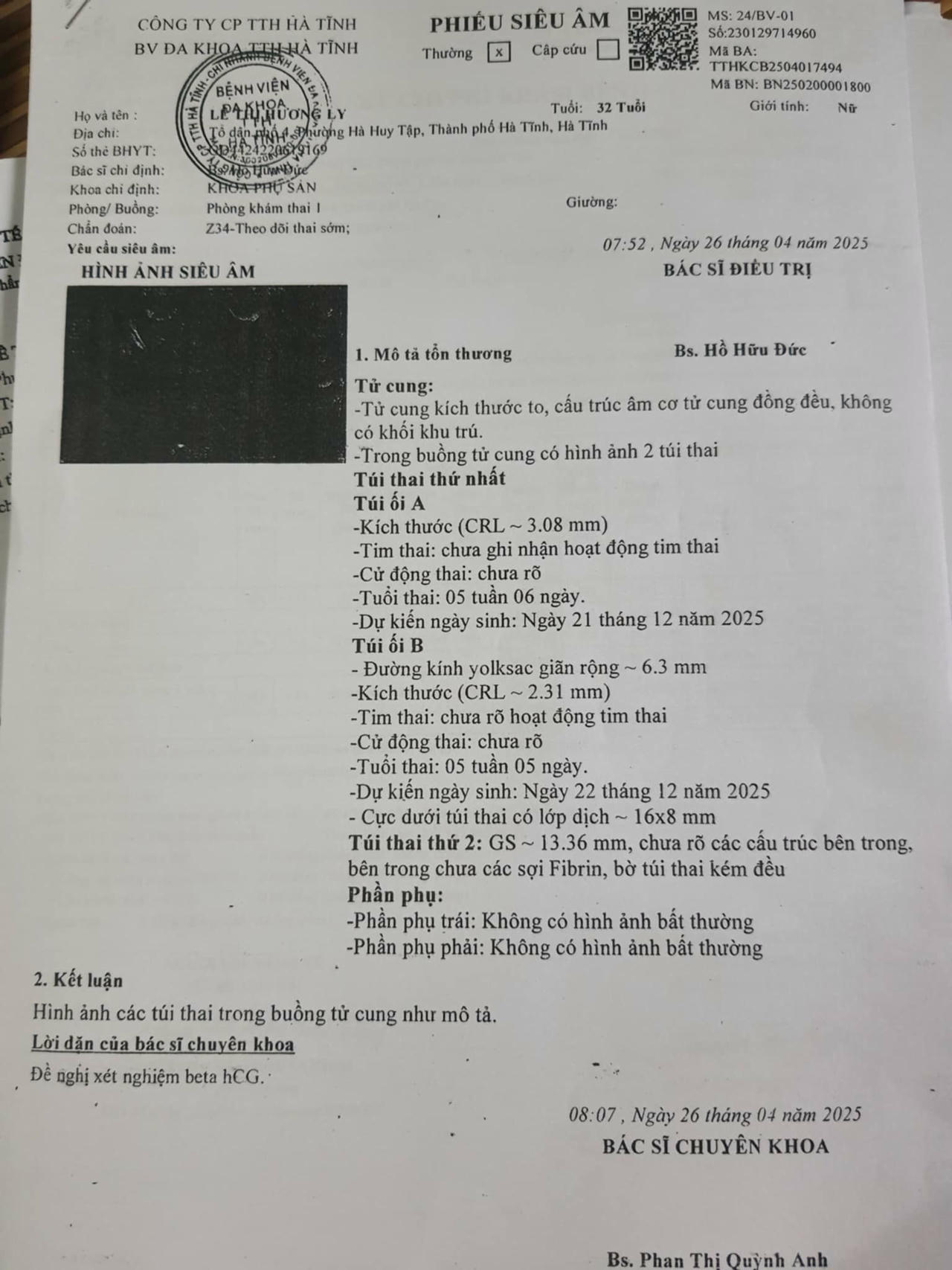 Kết quả si&ecirc;u &acirc;m thai ng&agrave;y 26/4/2025 của chị Ly. (Ảnh trong b&agrave;i: T.Lan)