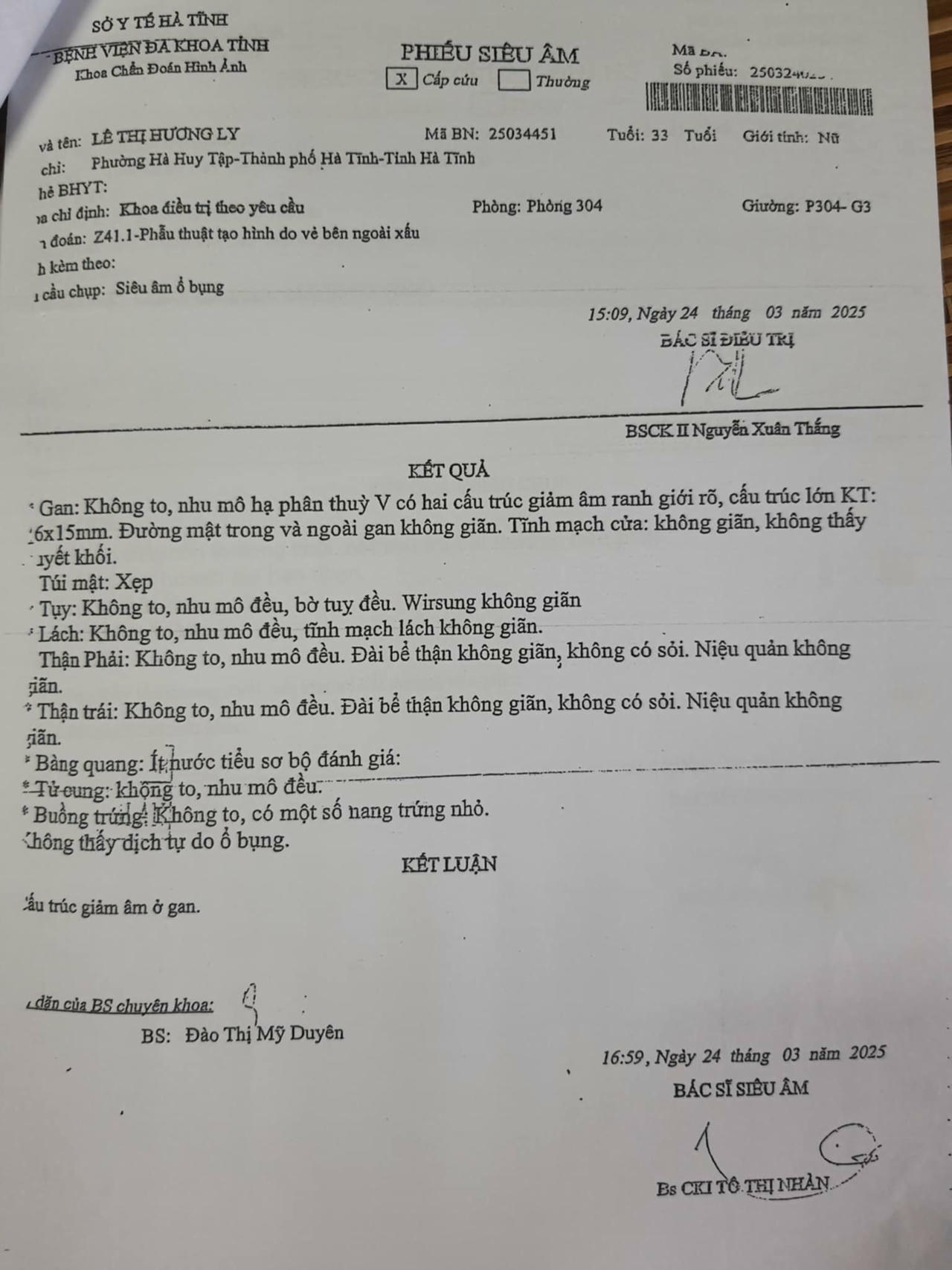 Kết quả si&ecirc;u &acirc;m ổ bụng ng&agrave;y 24/3/2025 trước PTTM tại BVĐK  H&agrave; Tĩnh.