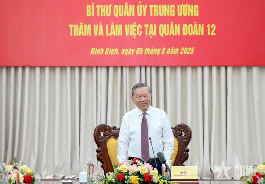 Tổng B&iacute; thư T&ocirc; L&acirc;m ph&aacute;t biểu tại buổi l&agrave;m việc (Ảnh: B&aacute;o QĐND)