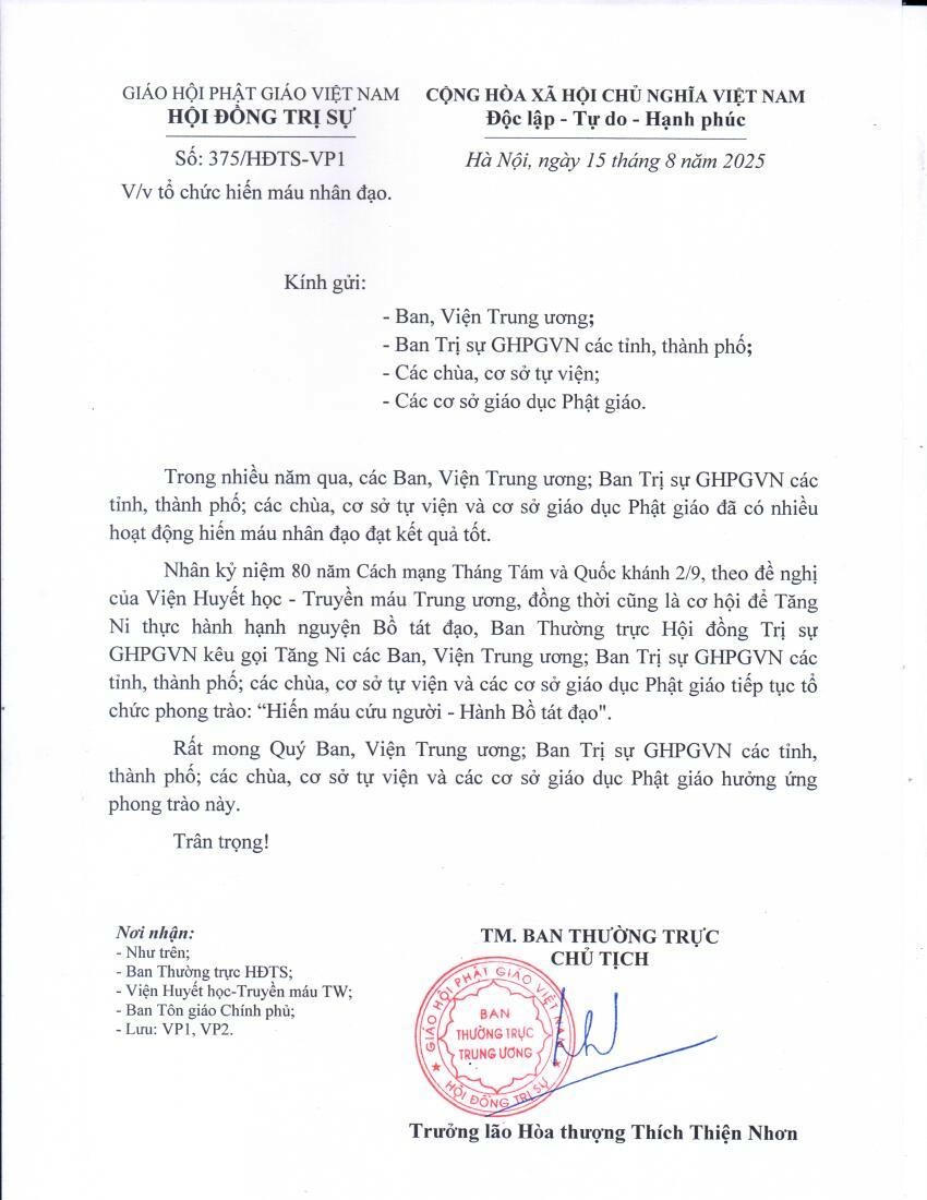 Giáo Hội Phật giáo Việt Nam kêu gọi “Hiến máu cứu người - Hành Bồ tát đạo” nhân dịp Quốc khánh 2/9