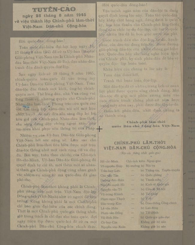 N&ocirc;̣i dung Tuy&ecirc;n cáo ngày 28/8/1945 v&ecirc;̀ vi&ecirc;̣c thành l&acirc;̣p Chính phủ l&acirc;m thời Vi&ecirc;̣t Nam D&acirc;n chủ C&ocirc;̣ng hòa đăng tr&ecirc;n C&ocirc;ng báo. (Ảnh chụp màn hình từ Thư vi&ecirc;̣n báo chí của Thư vi&ecirc;̣n Qu&ocirc;́c gia Vi&ecirc;̣t Nam).