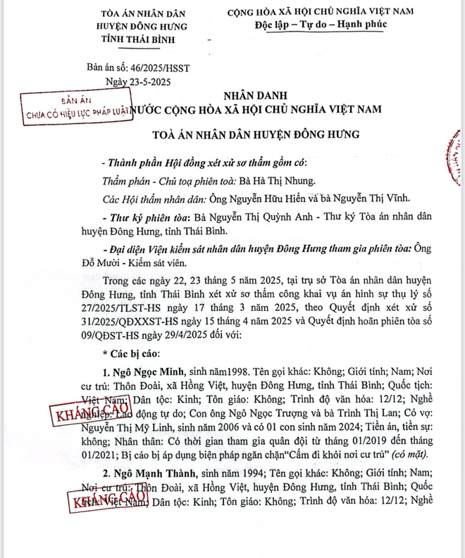 Bản &aacute;n sơ thẩm của TAND huyện Đ&ocirc;ng Hưng (cũ). (Ảnh: H.M&acirc;y)