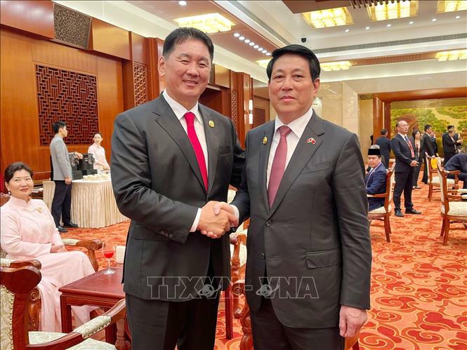 Chủ tịch nước Lương Cường gặp Tổng thống M&ocirc;ng Cổ Ukhnaagiin Khurelsukh. Ảnh: TTXVN ph&aacute;t