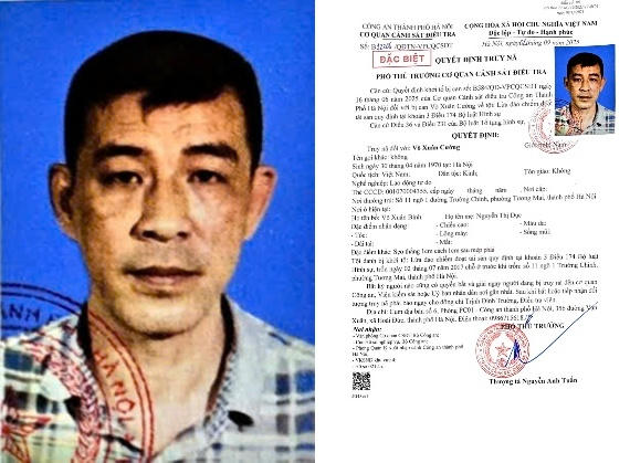 Quyết định truy n&atilde; V&otilde; Xu&acirc;n Cường. Ảnh: C&ocirc;ng an TP H&agrave; Nội