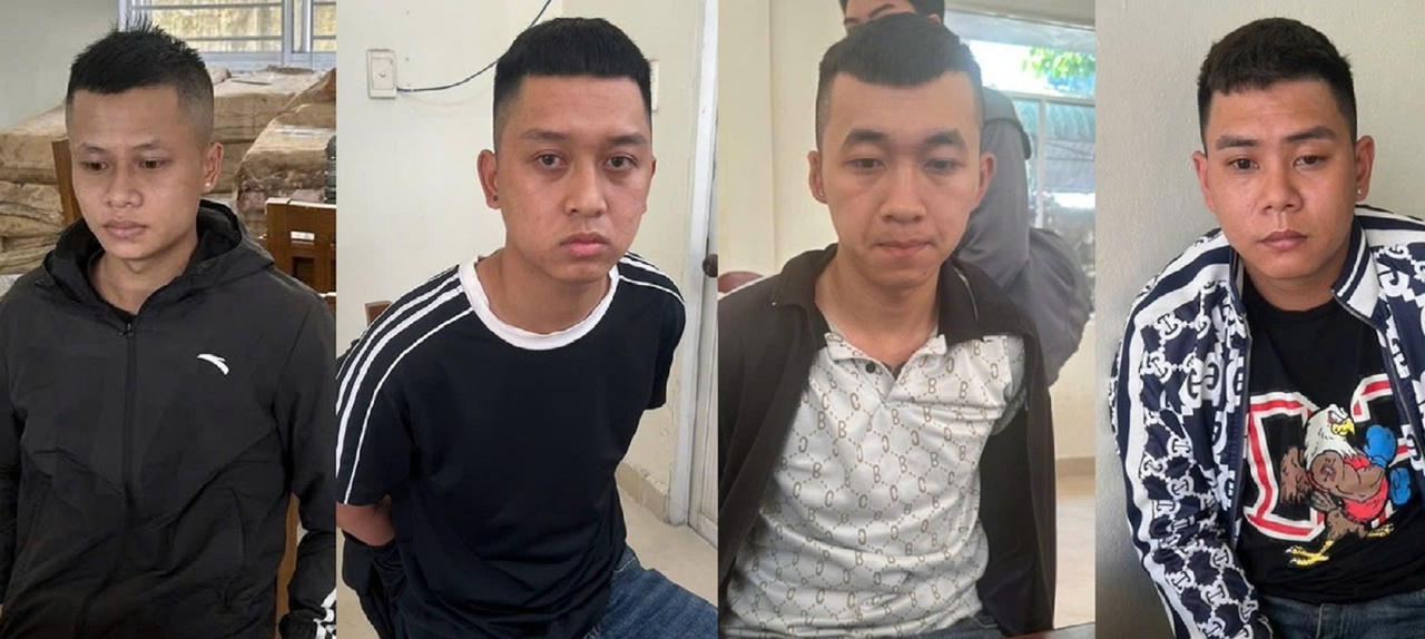 C&aacute;c đối tượng Chu Đ&igrave;nh Huy, Chu Hữu Đ&ocirc;ng, Chu T&acirc;m Dương v&agrave; Ho&agrave;ng Kh&aacute;nh Duy (từ tr&aacute;i qua) bị tạm giữ để điều tra.