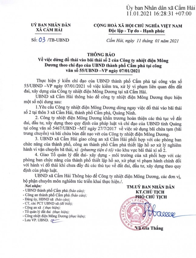 UBND xã Cẩm Hải cũ nay là UBND xã Hải Hoà đã có thông báo yêu cầu Công ty Nhiệt điện Mông Dương dừng việc đổ thải khi chưa chuyển đổi mục đích sử dụng đất từ năm 2021.