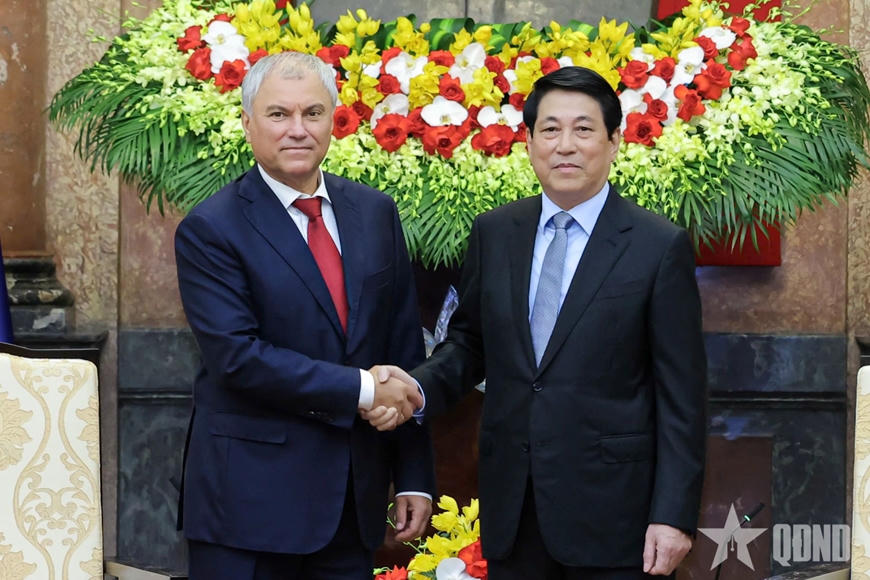 Chủ tịch nước Lương Cường tiếp Chủ tịch Duma Quốc gia Quốc hội Nga Vyacheslav Volodin. (Ảnh: qdnd.vn)