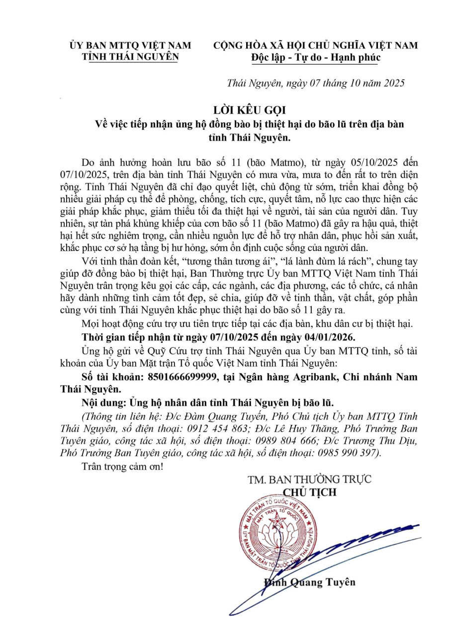 Th&aacute;i Nguy&ecirc;n k&ecirc;u gọi ủng hộ đồng b&agrave;o bị thiệt hại do b&atilde;o Matmo