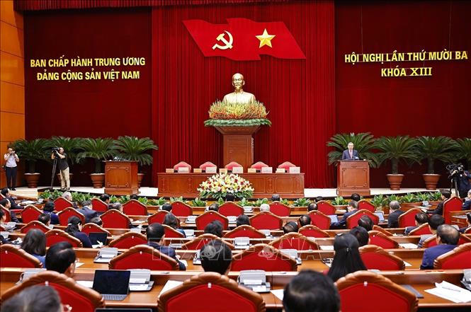 Tổng B&iacute; thư T&ocirc; L&acirc;m ph&aacute;t biểu bế mạc Hội nghị lần thứ 13 Ban Chấp h&agrave;nh Trung ương Đảng kh&oacute;a XIII. Ảnh: Do&atilde;n Tấn/TTXVN