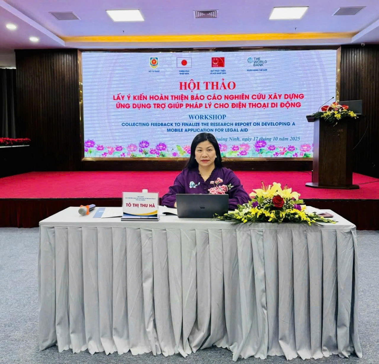 B&agrave; T&ocirc; Thị Thu H&agrave;, Ph&oacute; Cục trưởng Cục Phổ biến gi&aacute;o dục ph&aacute;p luật v&agrave; Trợ gi&uacute;p ph&aacute;p l&yacute; chủ tr&igrave; Hội thảo