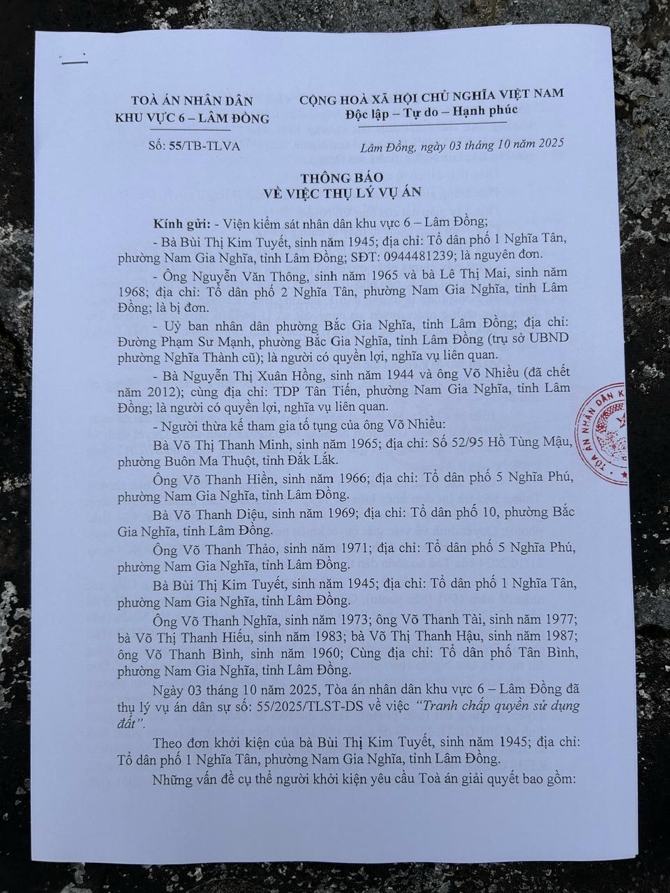 Th&ocirc;ng b&aacute;o thụ l&yacute; vụ &aacute;n số 55/TB-TLVA.  (Ảnh: Đức L&acirc;m)