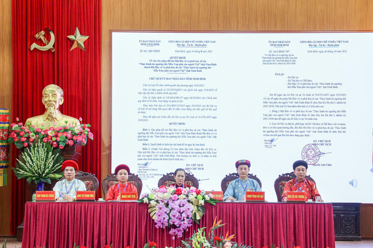 Đại hội lần thứ I Hội Bảo vệ và phát huy di sản “Thực hành Tín ngưỡng thờ Mẫu Tam phủ của người Việt” Đoàn Chủ tịch Đại hội Hội Bảo vệ và phát huy di sản “Thực hành Tín ngưỡng thờ Mẫu Tam phủ của người Việt” tỉnh Ninh Bình lần thứ I, nhiệm kỳ 2025 - 2030