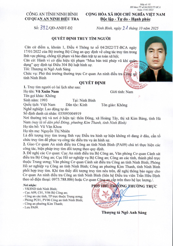 Công an Ninh Bình truy tìm cặp vợ chồng nghi mua bán trái phép vũ khí quân dụng Quyết định truy tìm đối tượng Vũ Xuân Nam (Ảnh: CANB)