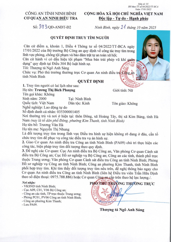 Công an Ninh Bình truy tìm cặp vợ chồng nghi mua bán trái phép vũ khí quân dụng Quyết định truy tìm đối tượng Trương Thị Bích Phượng (Ảnh: CANB)