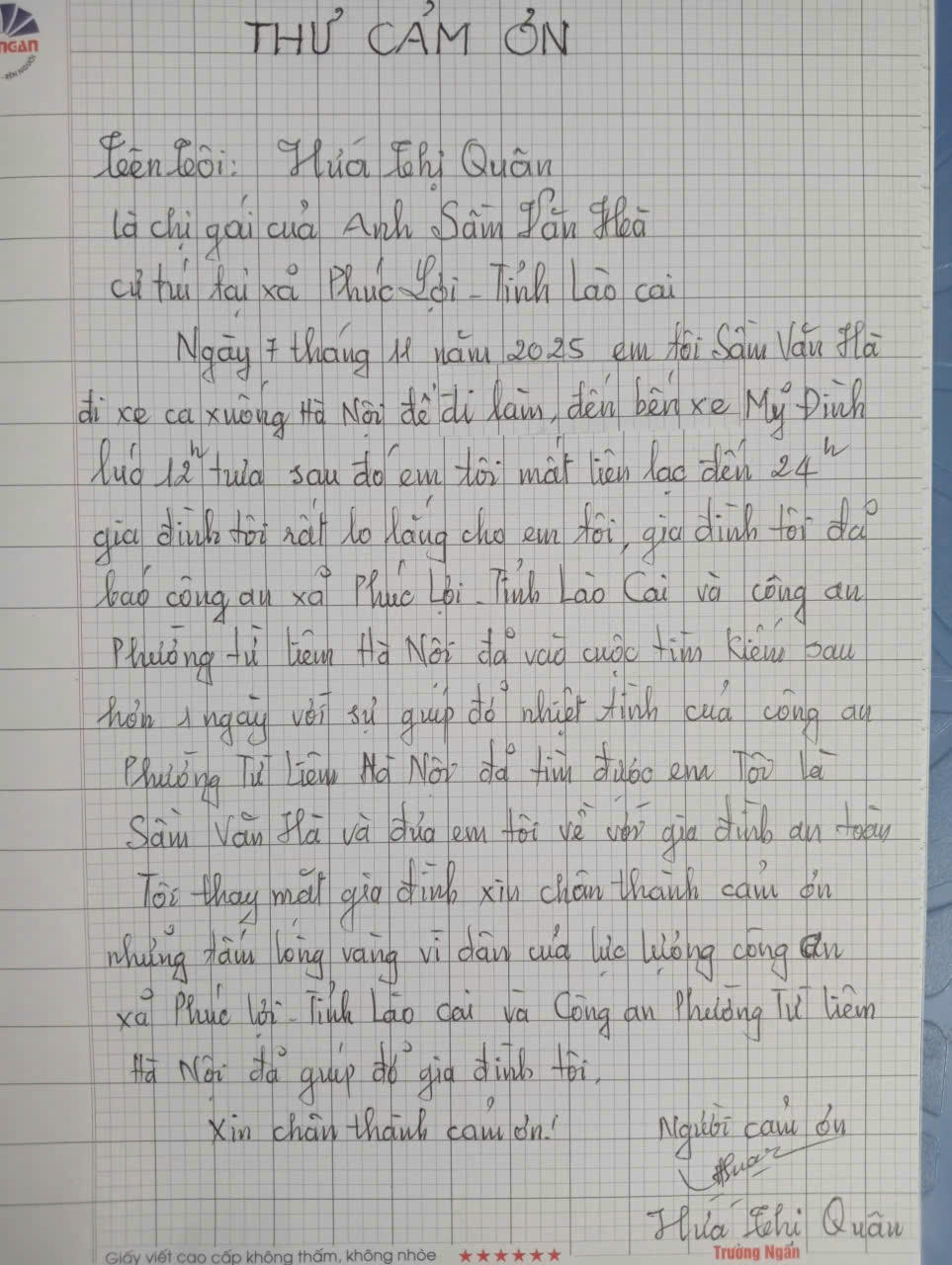 Gia đ&igrave;nh gửi lời cảm ơn ch&acirc;n th&agrave;nh đến lực lượng c&ocirc;ng an đ&atilde; hỗ trợ t&igrave;m người thất lạc