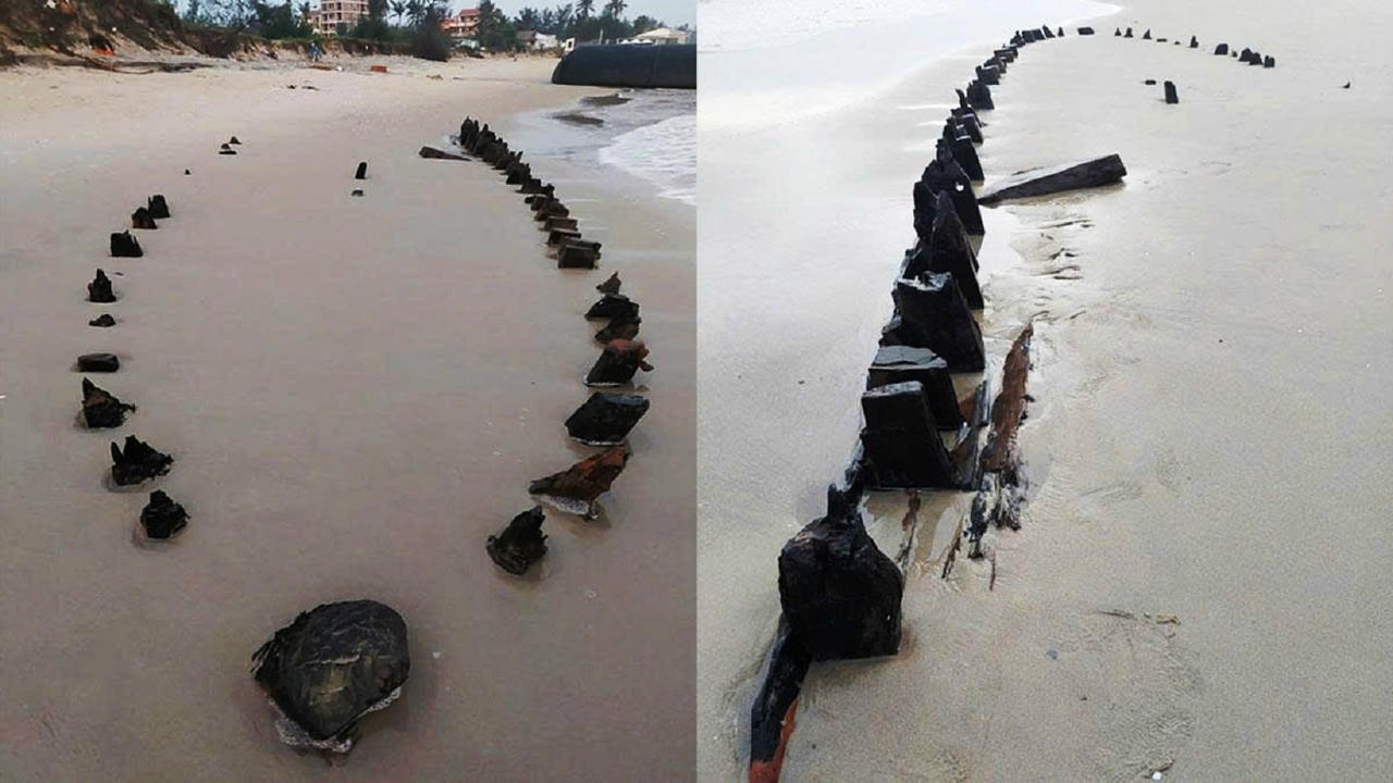 Cận cảnh x&aacute;c t&agrave;u cổ ph&aacute;t lộ ở b&atilde;i biển Hội An