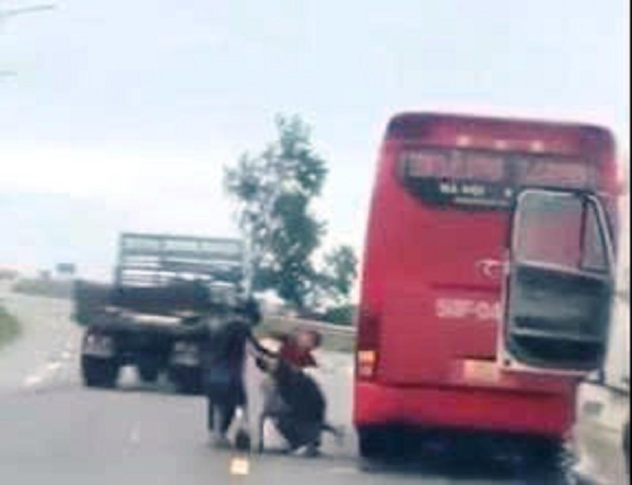 Nh&oacute;m người từ xe kh&aacute;ch v&agrave; xe container lao xuống đường ẩu đả tr&ecirc;n QL1A. (Ảnh cắt từ video)