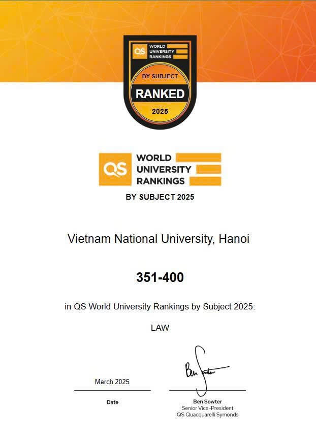 Chứng nhận xếp hạng QS World University Rankings by Subject 2025, ghi nhận Đại học Quốc gia H&agrave; Nội thuộc nh&oacute;m 351&ndash;400 thế giới ở lĩnh vực Luật.