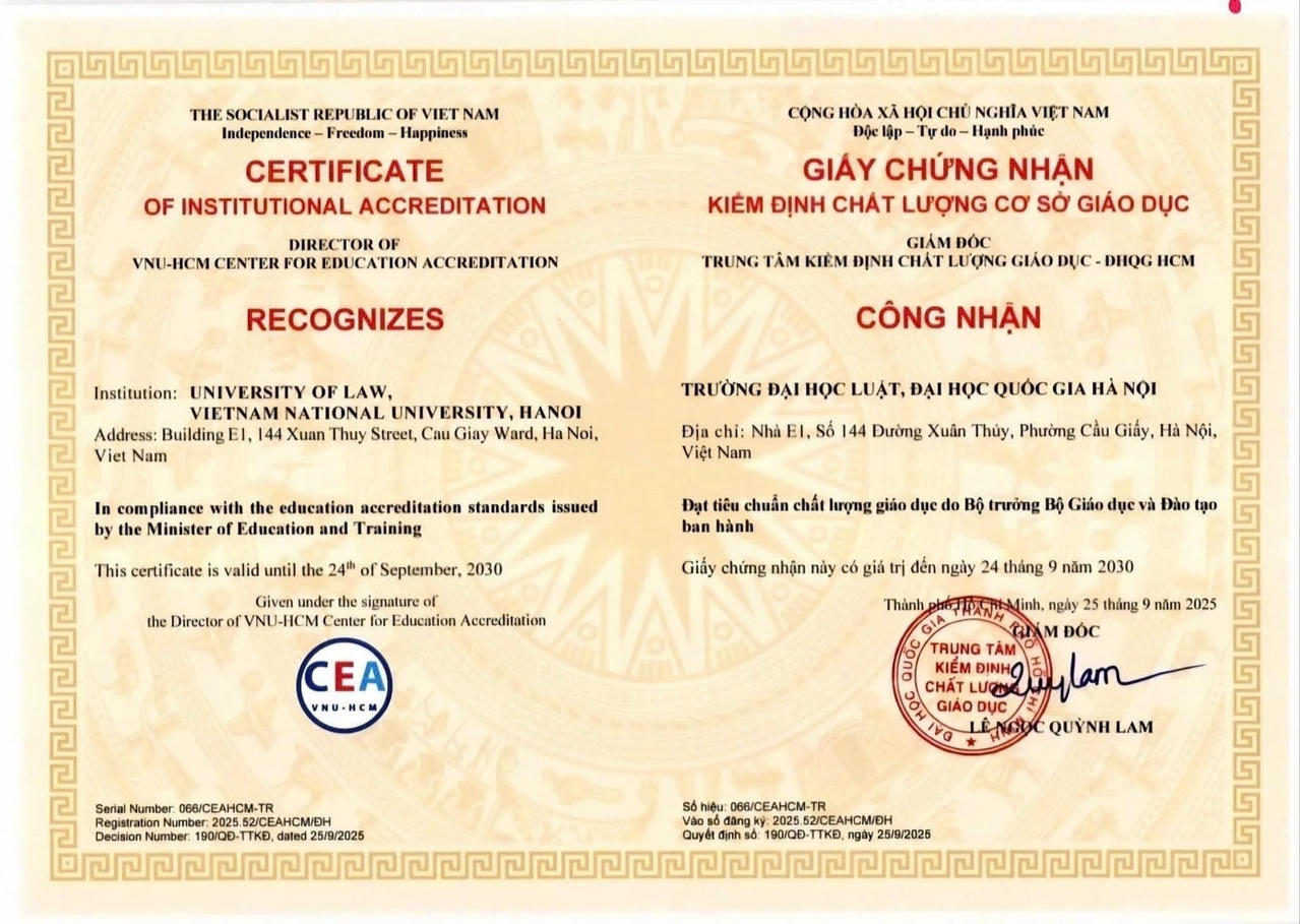 Giấy chứng nhận kiểm định chất lượng cơ sở gi&aacute;o dục cấp cho Trường Đại học Luật - ĐHQGHN.