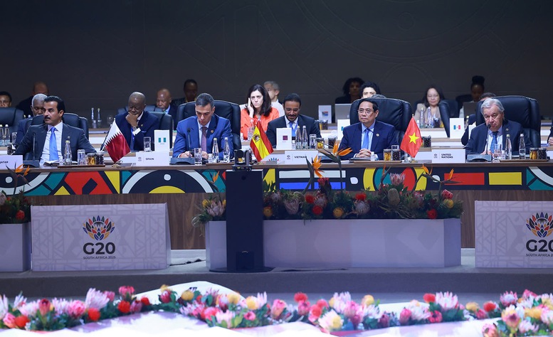 Thủ tướng Ch&iacute;nh phủ Phạm Minh Ch&iacute;nh dự phi&ecirc;n khai mạc, ph&aacute;t biểu tại phi&ecirc;n thảo luận thứ nhất của Hội nghị Thượng đỉnh G20 - Ảnh: VGP/Nhật Bắc