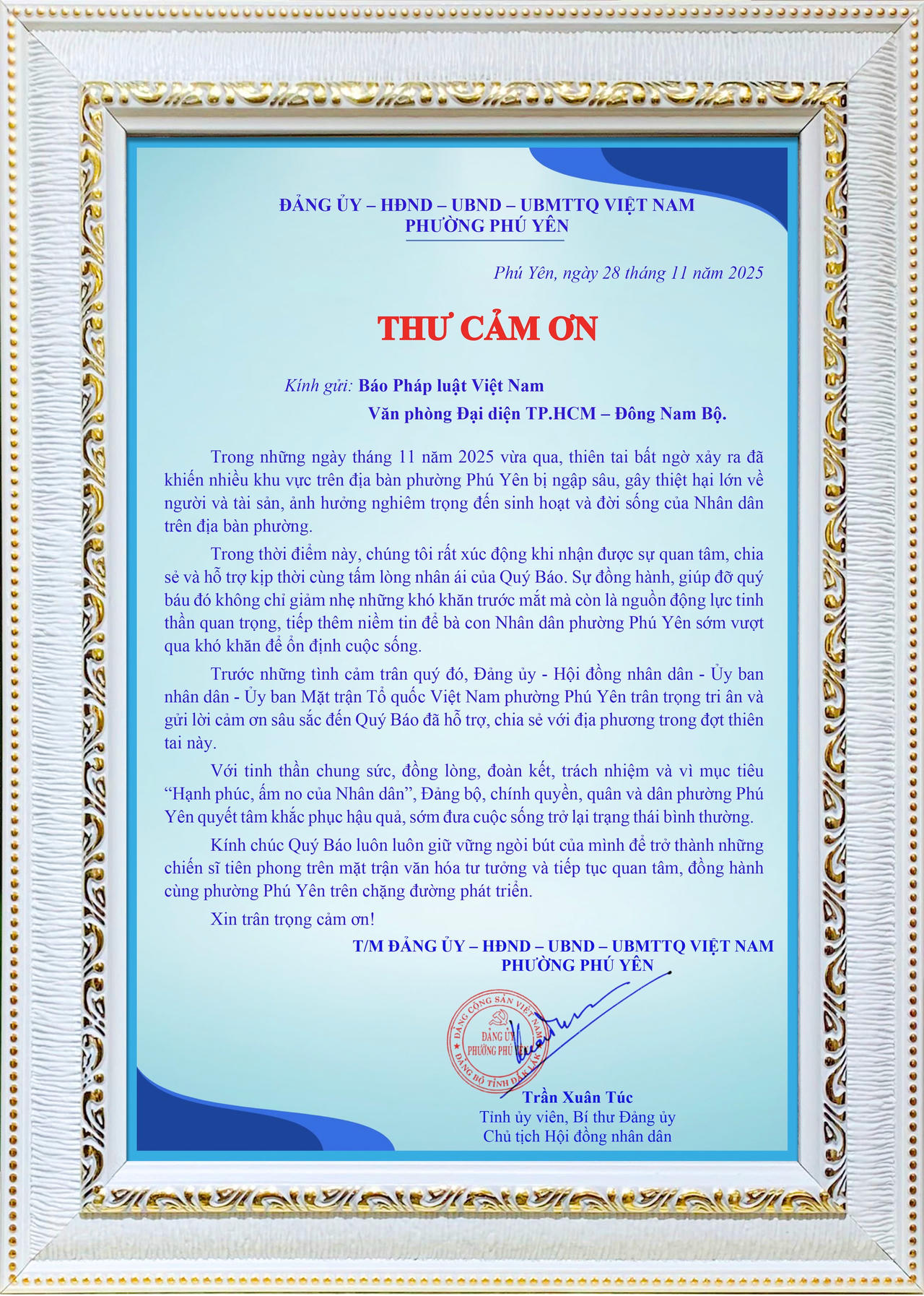 Thư cảm ơn B&aacute;o Ph&aacute;p luật Việt Nam của phường Ph&uacute; Y&ecirc;n.