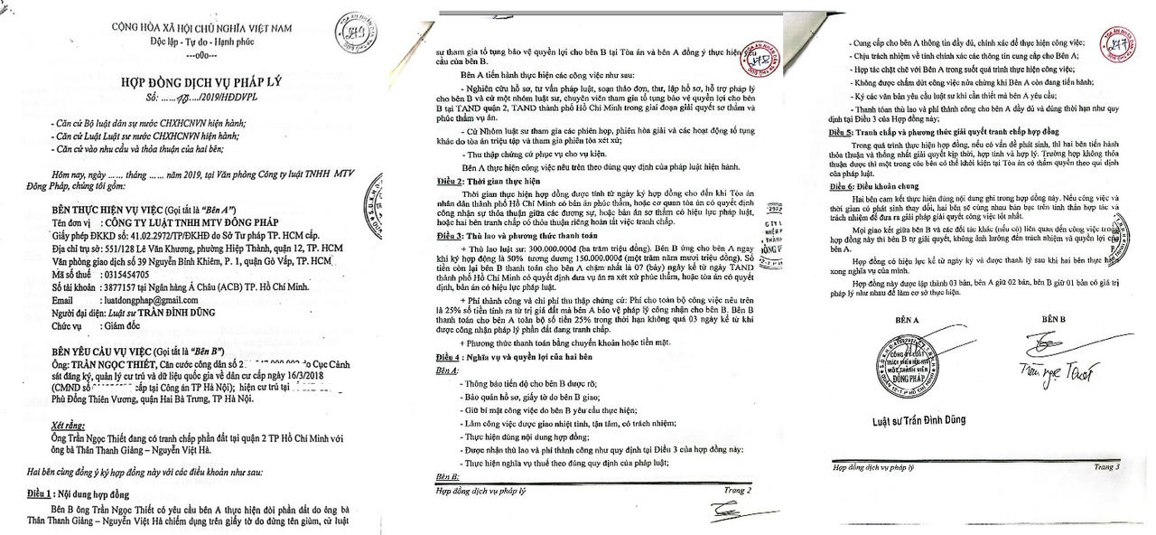Hợp đồng dịch vụ ph&aacute;p l&yacute; số 10/2019/HĐDVPL với C&ocirc;ng ty Luật TNHH MTV Đ&ocirc;ng Ph&aacute;p (do Luật sư Trần Đ&igrave;nh Dũng đại diện)