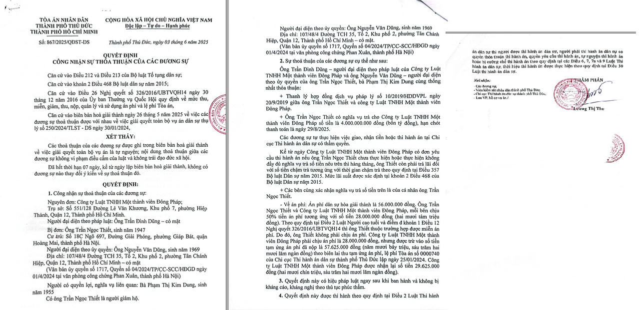 Quyết định số 867/2025/QĐST-DS ng&agrave;y 03/06/2025 của TAND TP. Thủ Đức&amp;amp;nbsp;(Nay l&agrave; TAND khu vực 2 TP. Hồ Ch&iacute; Minh) c&ocirc;ng nhận sự thỏa thuận của c&aacute;c đương sự